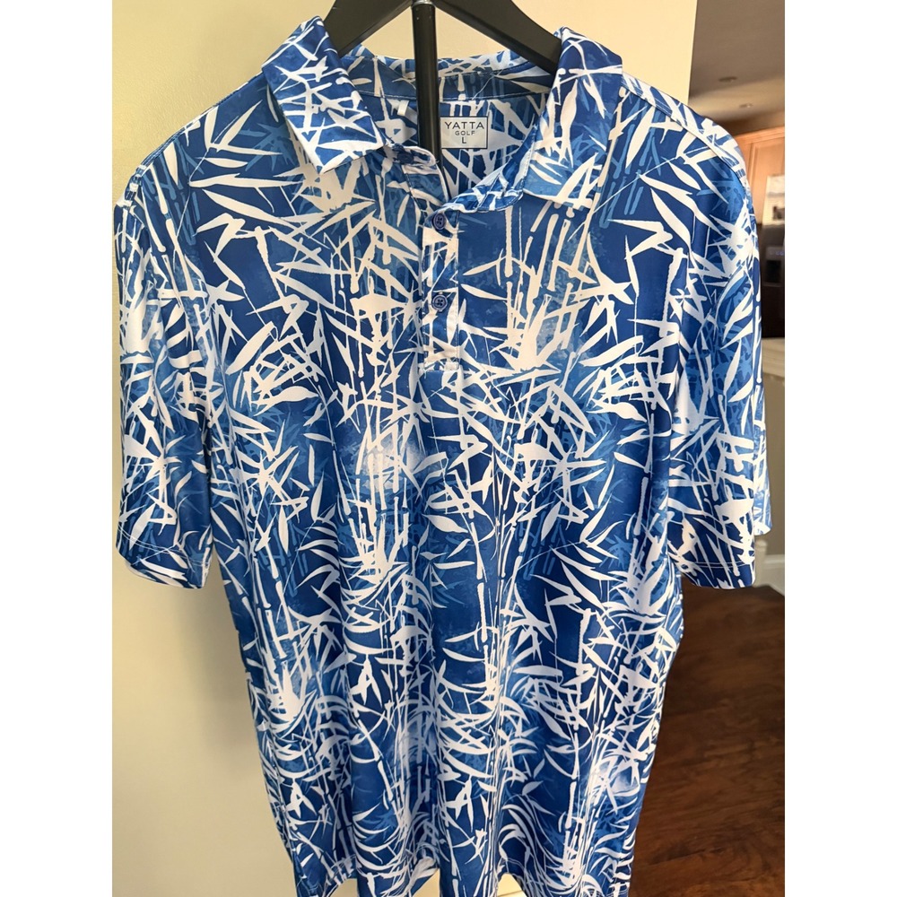 Yatta Golf Mens Large Blue White Bamboo Abstract Print‎ Performance Polo Shirt